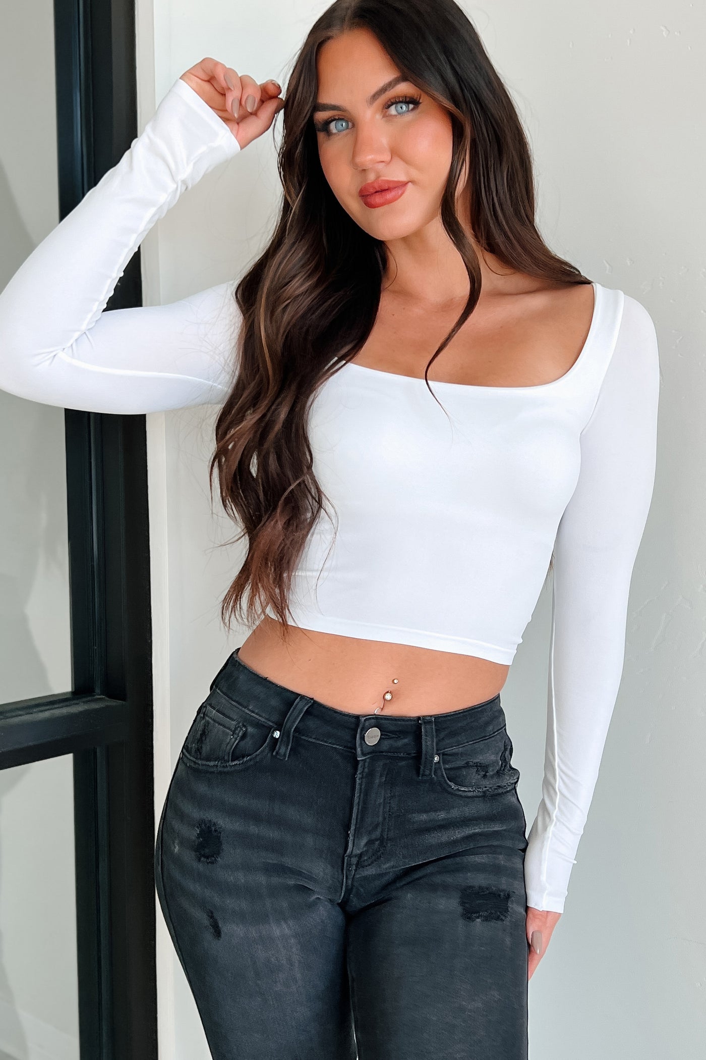 Better Be Sure Square Neck Long Sleeve Crop Top (White)