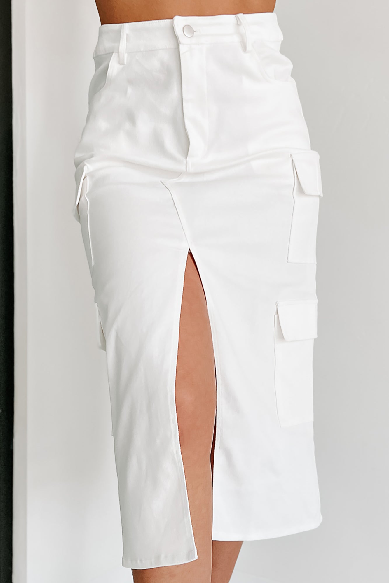 Here At Last Denim Midi Cargo Skirt (White) - NanaMacs