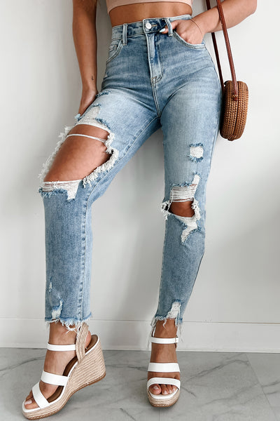 Zaida High Rise Distressed Risen Slim Straight Jeans (Light) - NanaMacs