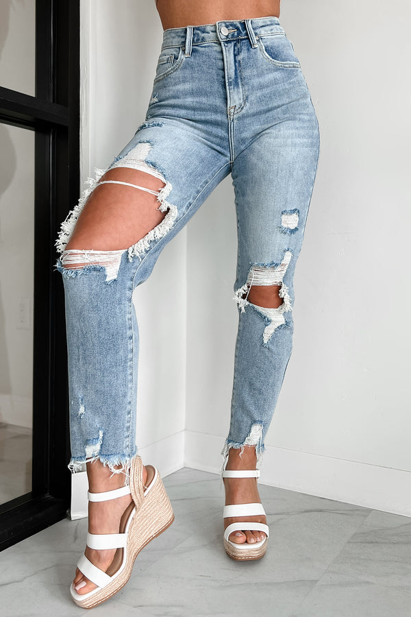 Zaida High Rise Distressed Risen Slim Straight Jeans (Light) - NanaMacs