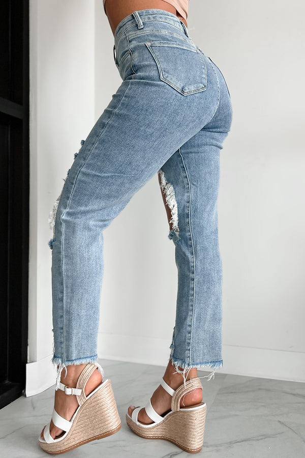 Zaida High Rise Distressed Risen Slim Straight Jeans (Light) - NanaMacs