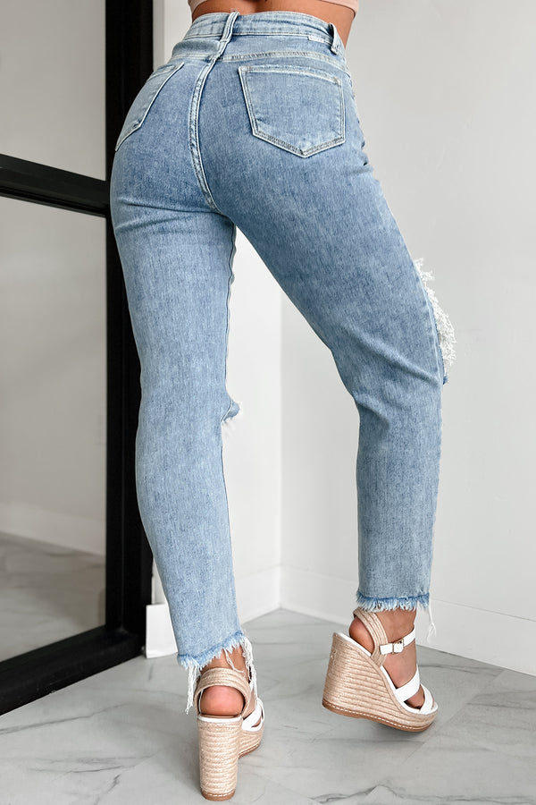 Zaida High Rise Distressed Risen Slim Straight Jeans (Light) - NanaMacs