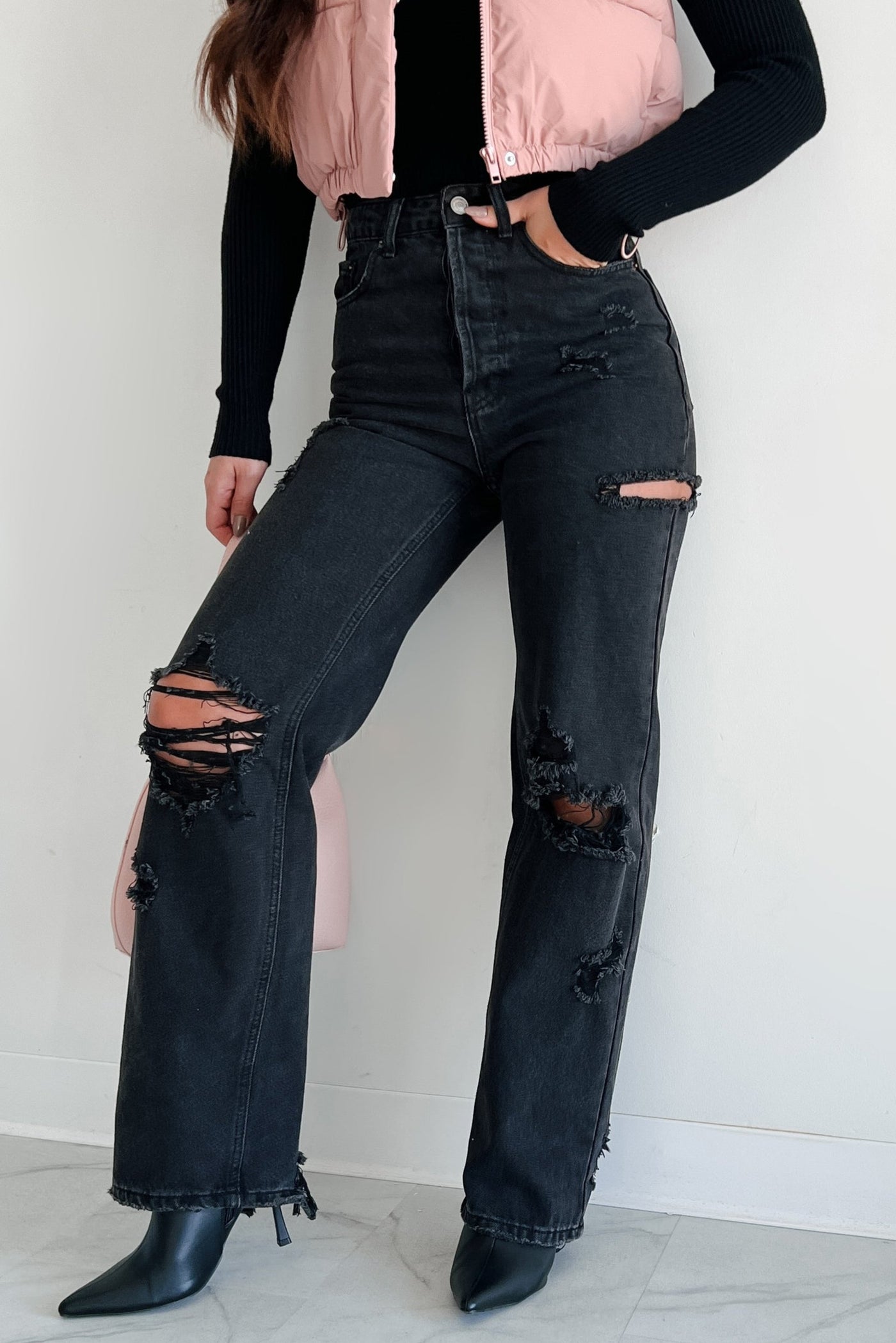 Huntsville High Rise Destroyed Straight Leg Jeans (Washed Black)