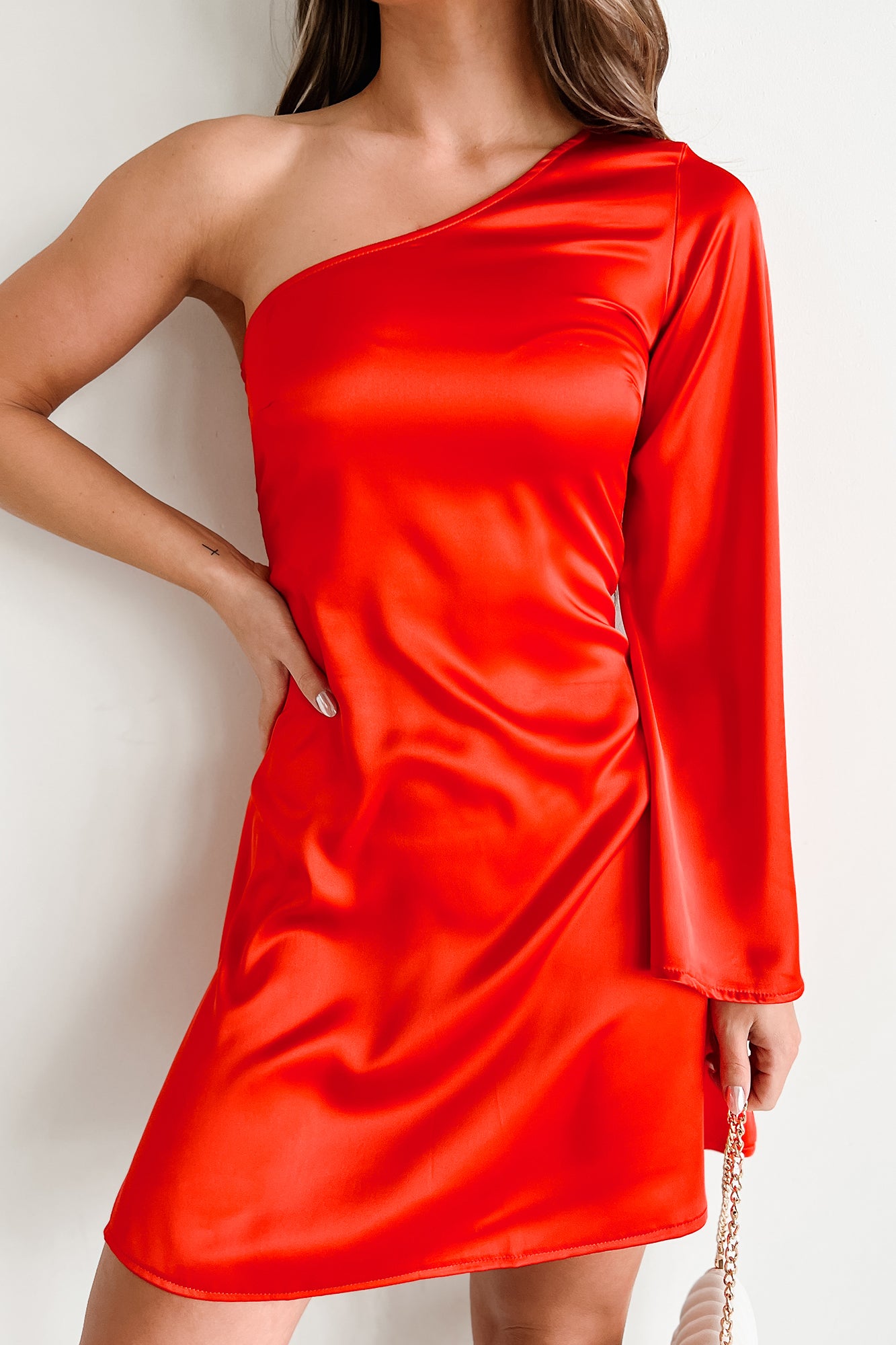 Stunning First Impression One Shoulder Satin Mini Dress (Tomato) - NanaMacs