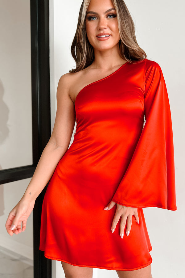 Stunning First Impression One Shoulder Satin Mini Dress (Tomato) - NanaMacs