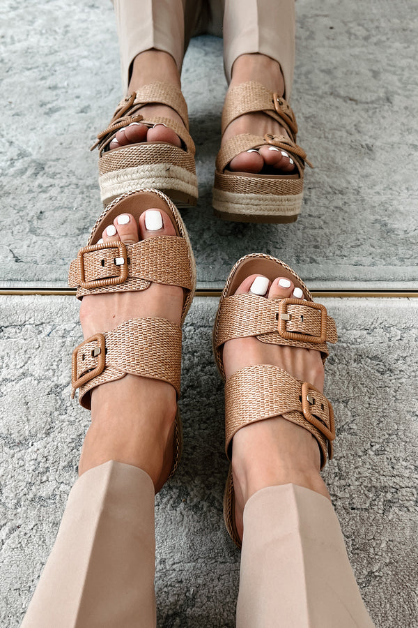 Fresh New Attitude Woven Platform Sandals (Dark Tan Raffia) - NanaMacs