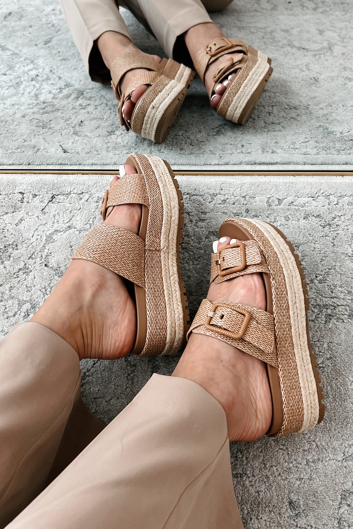 Fresh New Attitude Woven Platform Sandals (Dark Tan Raffia) - NanaMacs