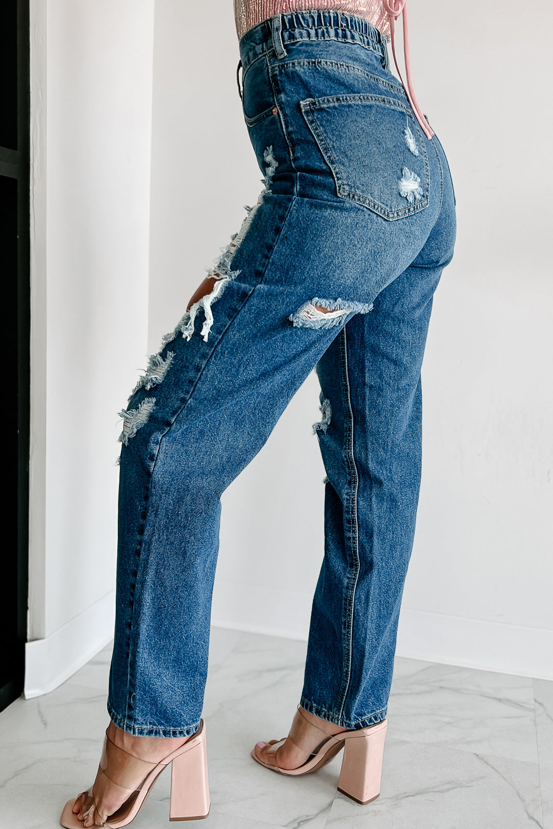 For A Change High Rise Distressed Wide Leg Jeans (Medium) - NanaMacs