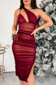 Paint The Town Red One Shoulder Cut-Out Mesh Midi Dress (Dark Cherry)