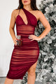 Paint The Town Red One Shoulder Cut-Out Mesh Midi Dress (Dark Cherry)