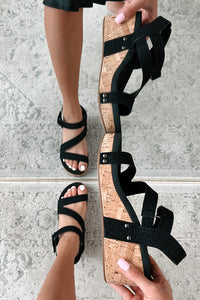 Aziza Cork Wedge Sandals (Black Shimmer) - NanaMacs