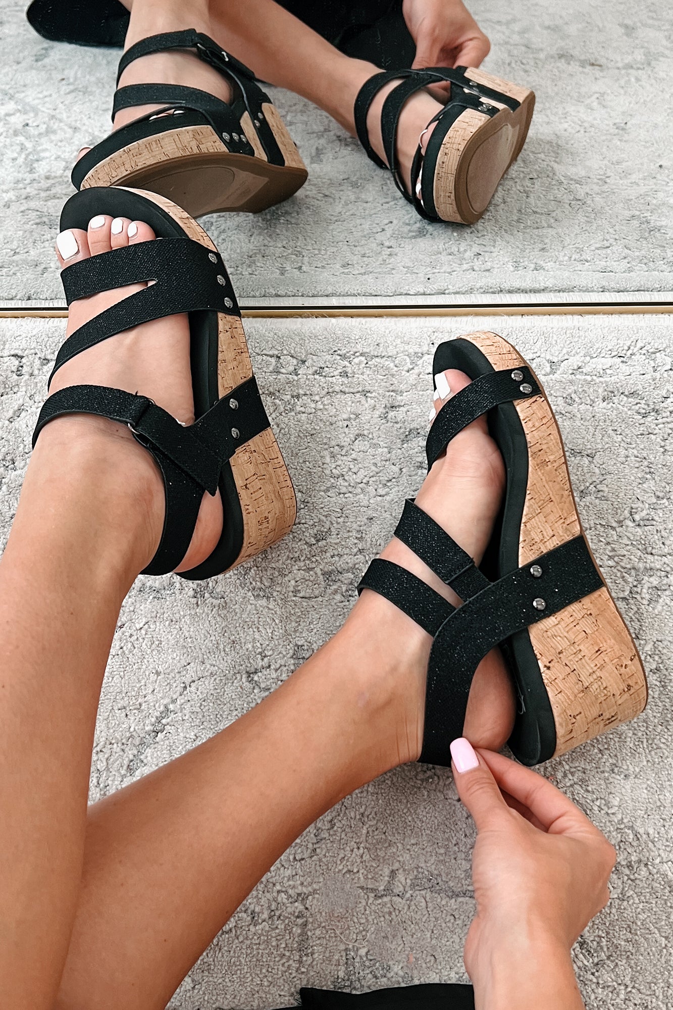 Aziza Cork Wedge Sandals (Black Shimmer) - NanaMacs