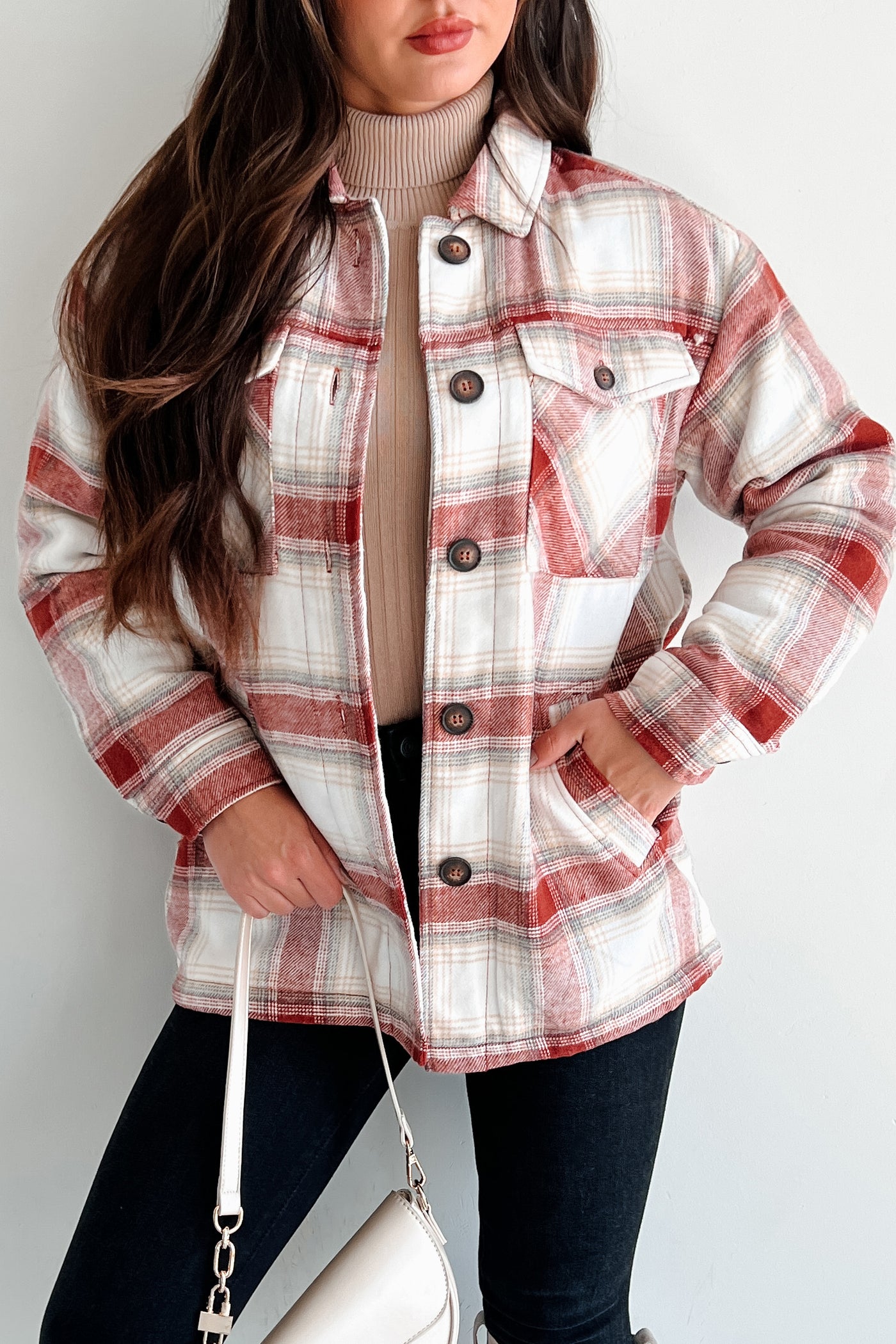 Keep Me Toasty Sherpa Lined Plaid Jacket (Terracotta) - Ships By 10/17