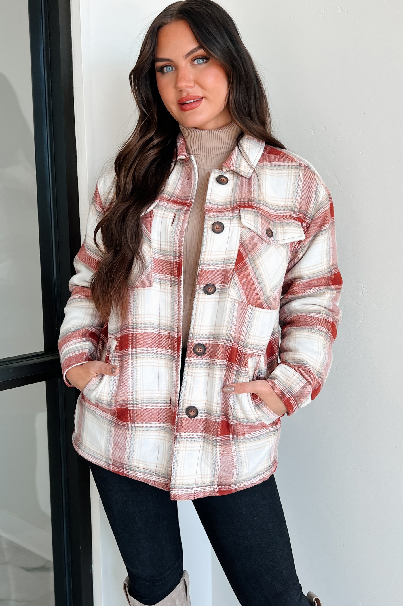 Keep Me Toasty Sherpa Lined Plaid Jacket (Terracotta) - Ships By 10/17 - NanaMacs