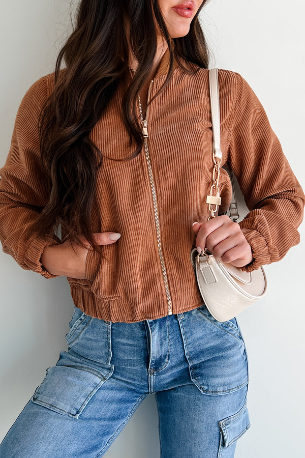 Dare To Dream Corduroy Bomber Jacket (Cognac) - NanaMacs