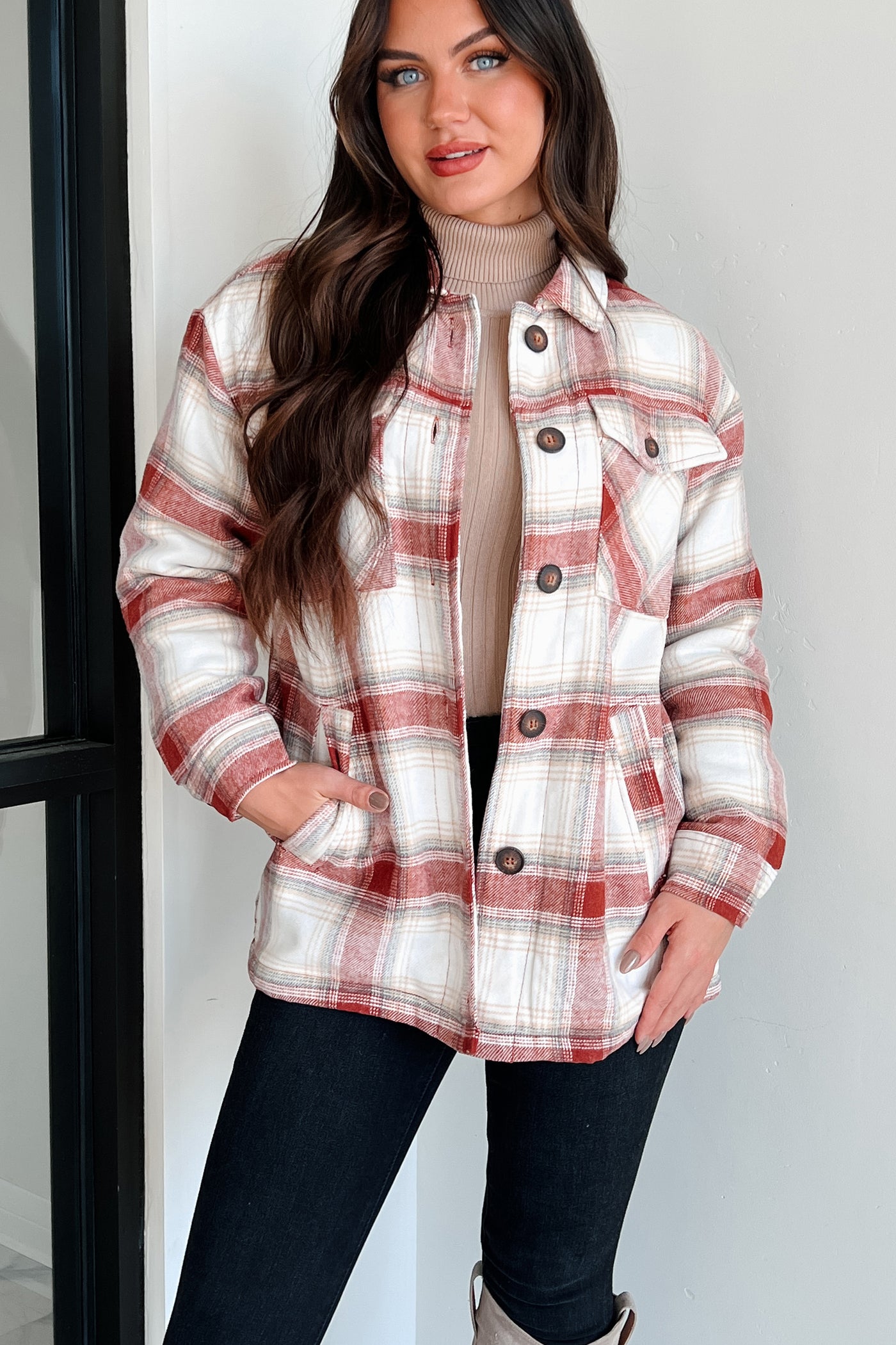 Keep Me Toasty Sherpa Lined Plaid Jacket (Terracotta) - Ships By 10/17 - NanaMacs