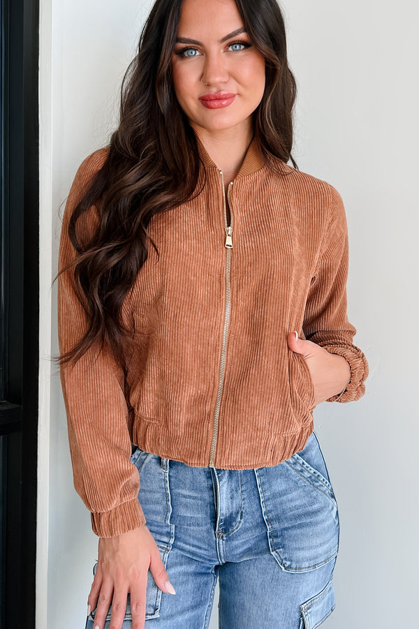 Dare To Dream Corduroy Bomber Jacket (Cognac) - NanaMacs