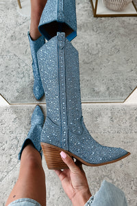 Glitzy Livin' Rhinestone Boots (Light Blue Rhinestones) - NanaMacs