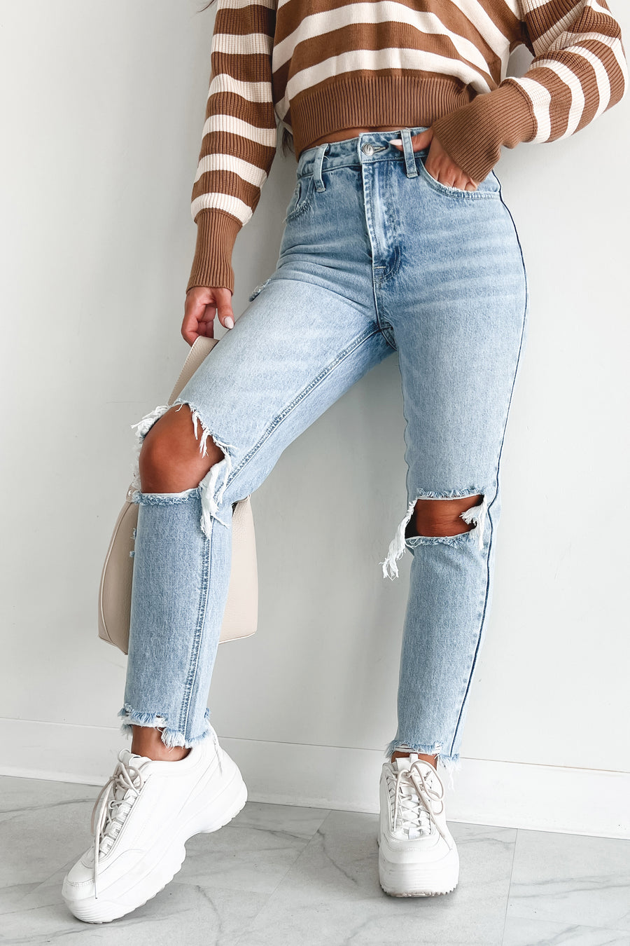 Alaina High Rise Distressed Boyfriend Jeans (Light Denim) - NanaMacs