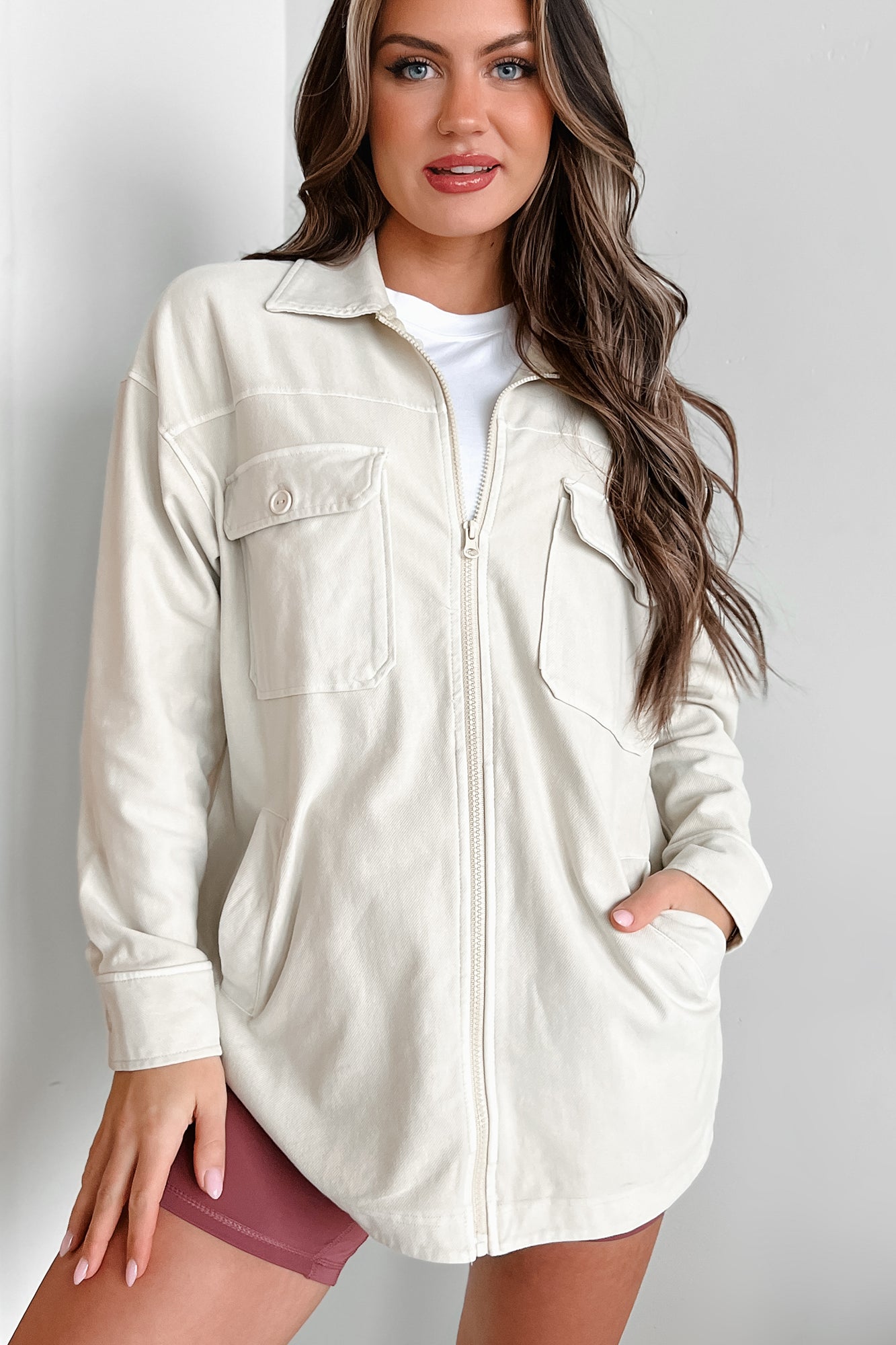 Headstrong & Opinionated  Zip-Front Oversized Shacket (Natural) - NanaMacs