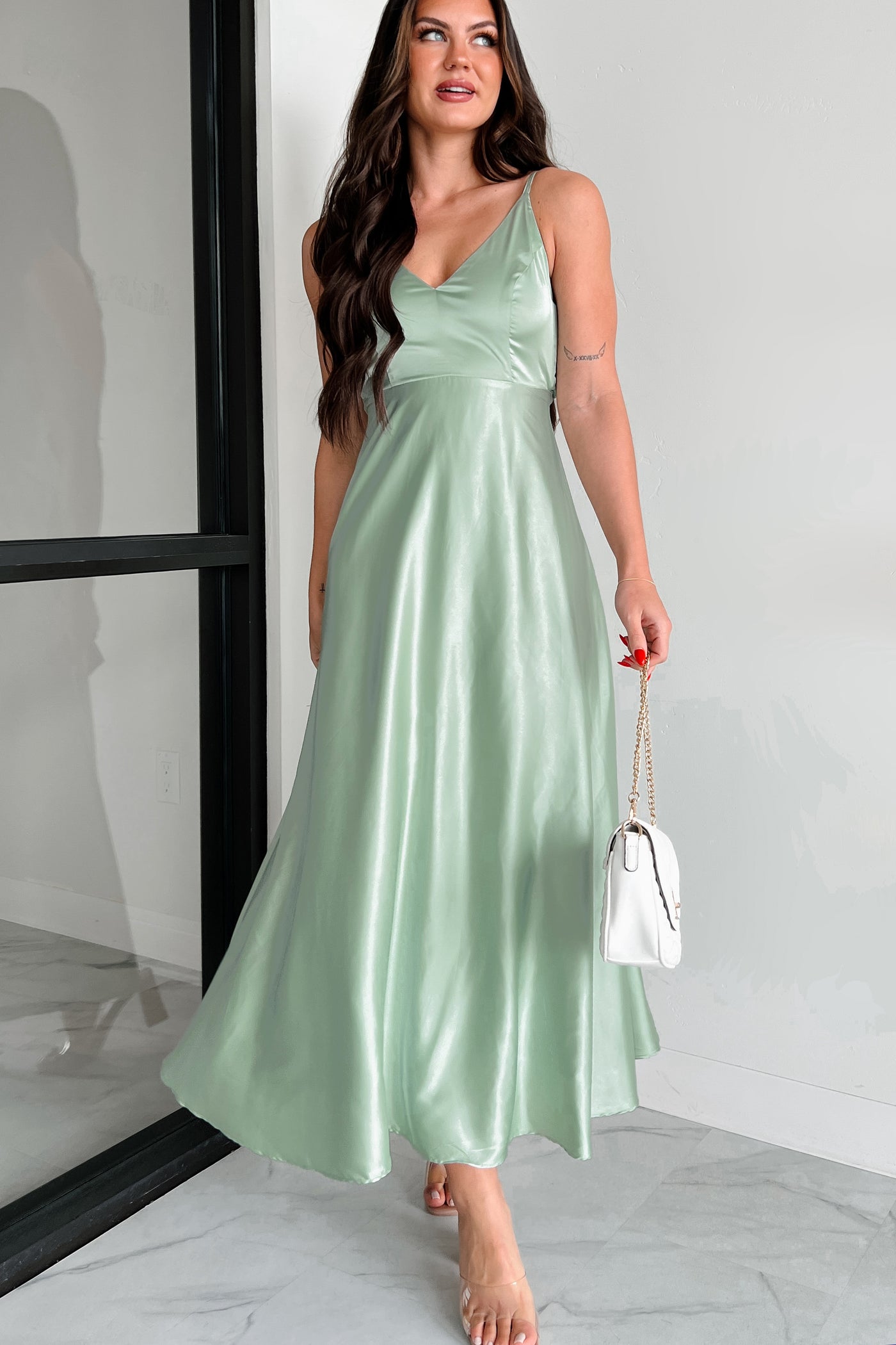 Luxurious Poise Satin Midi Dress (Pastel Sage) - NanaMacs