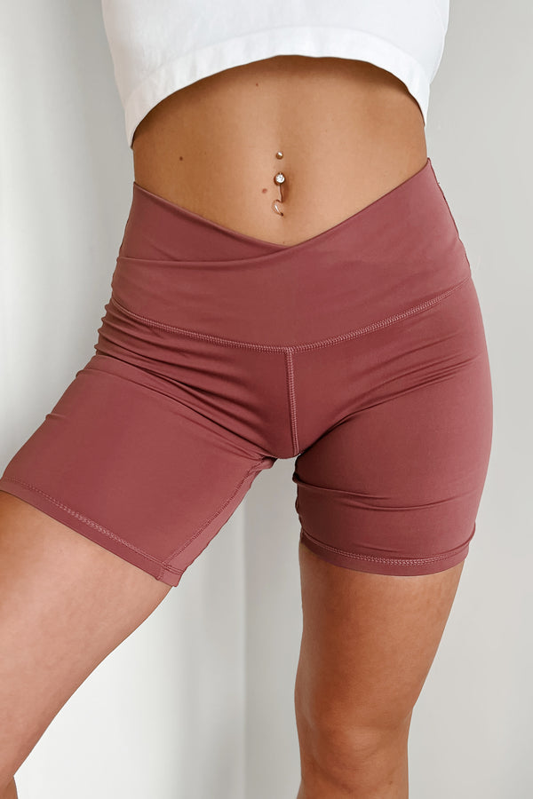 Stronger Than Your Excuse Cross-Waist Biker Shorts (Dusty Cedar) - NanaMacs