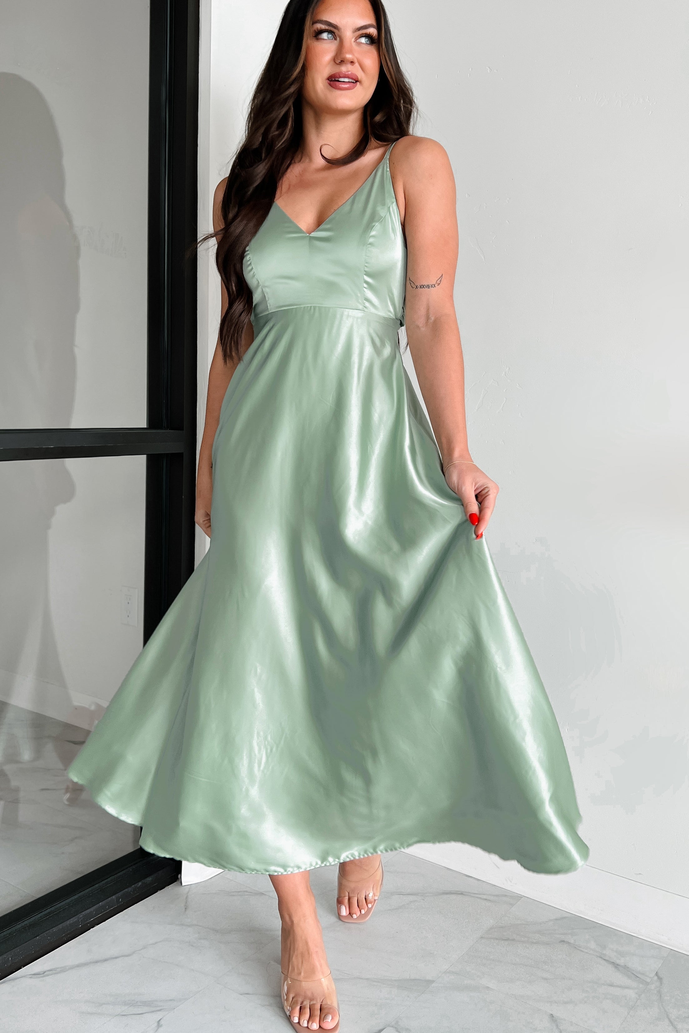 Luxurious Poise Satin Midi Dress (Pastel Sage) · NanaMacs