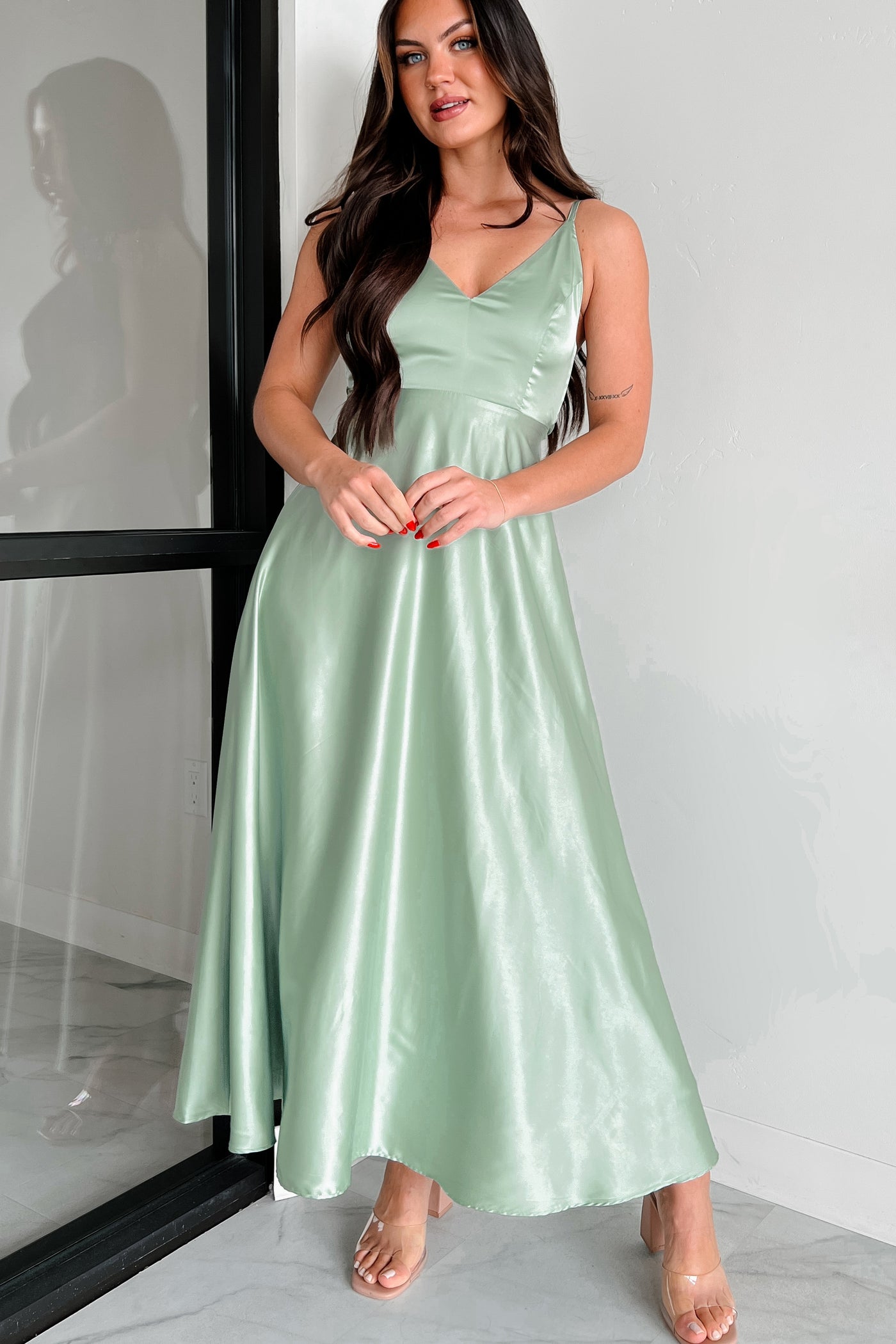 Luxurious Poise Satin Midi Dress (Pastel Sage) NanaMacs Luxurious Poise Satin Midi Dress (Pastel Sage) NanaMacs