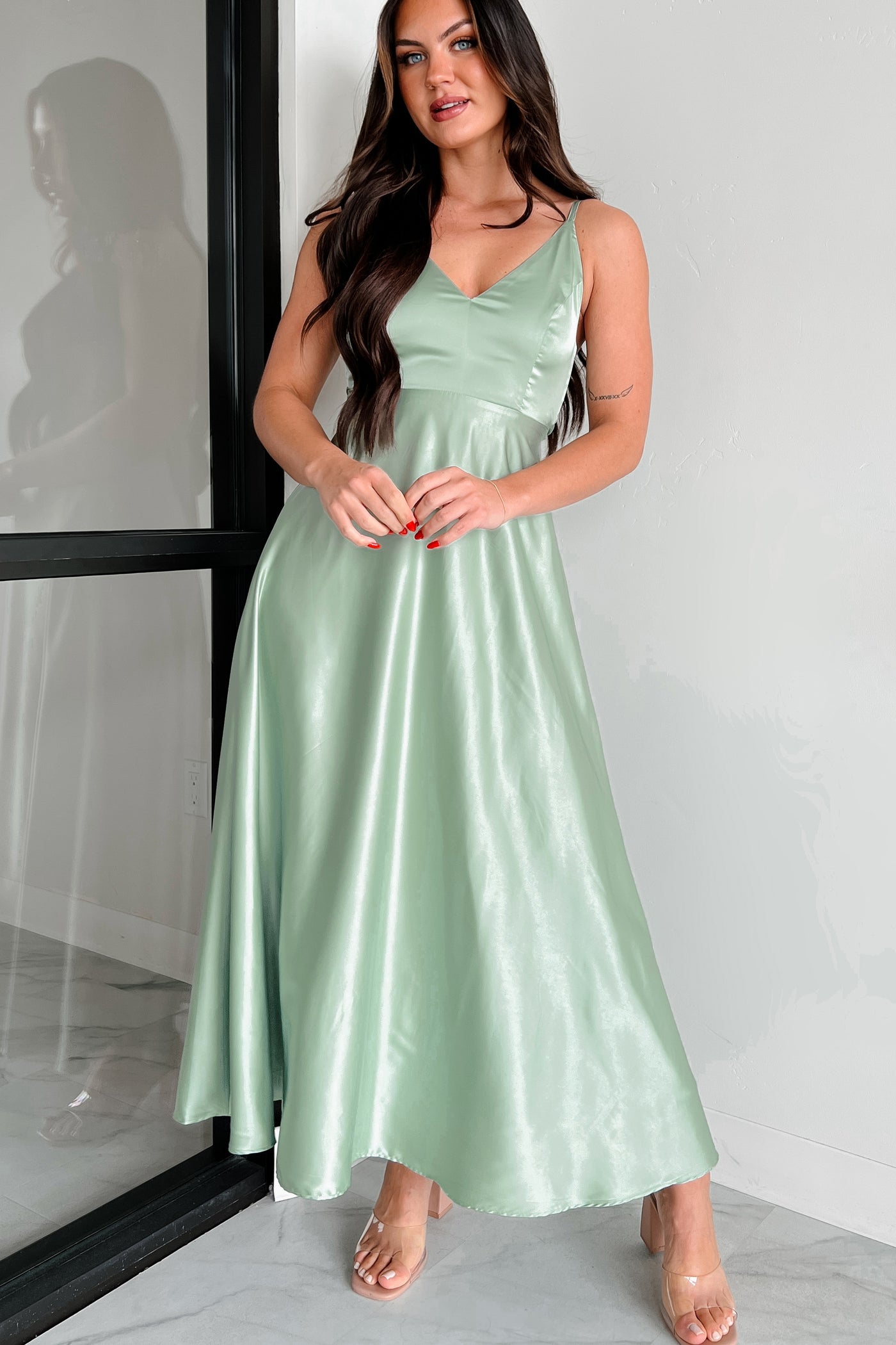 Luxurious Poise Satin Midi Dress (Pastel Sage) - NanaMacs