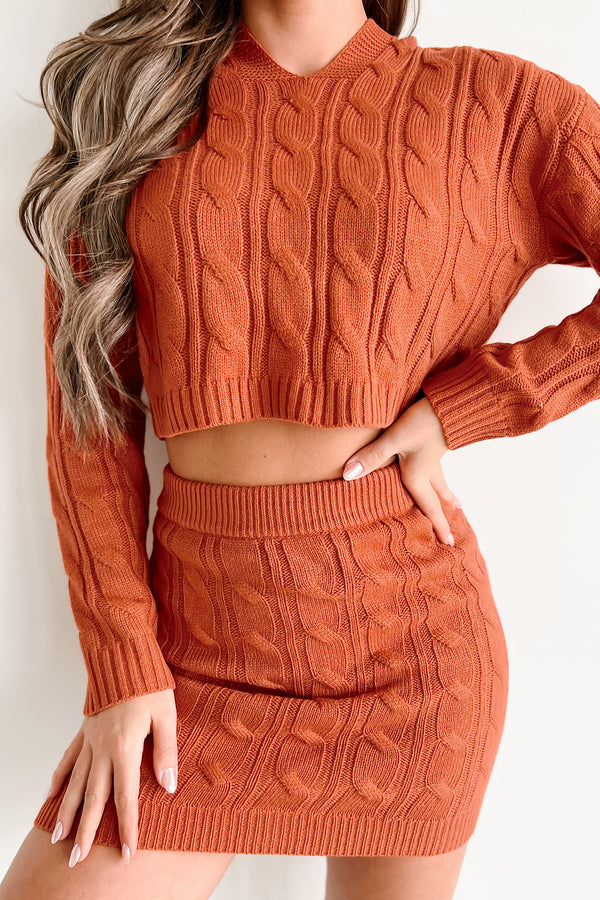 Playing It Cozy Cable Knit Two-Piece Skirt Set (Rust) - NanaMacs