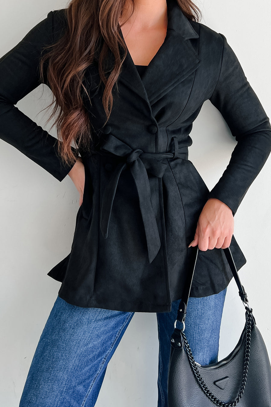 Simplistic Tendencies Faux Suede Belted Jacket (Black) - NanaMacs