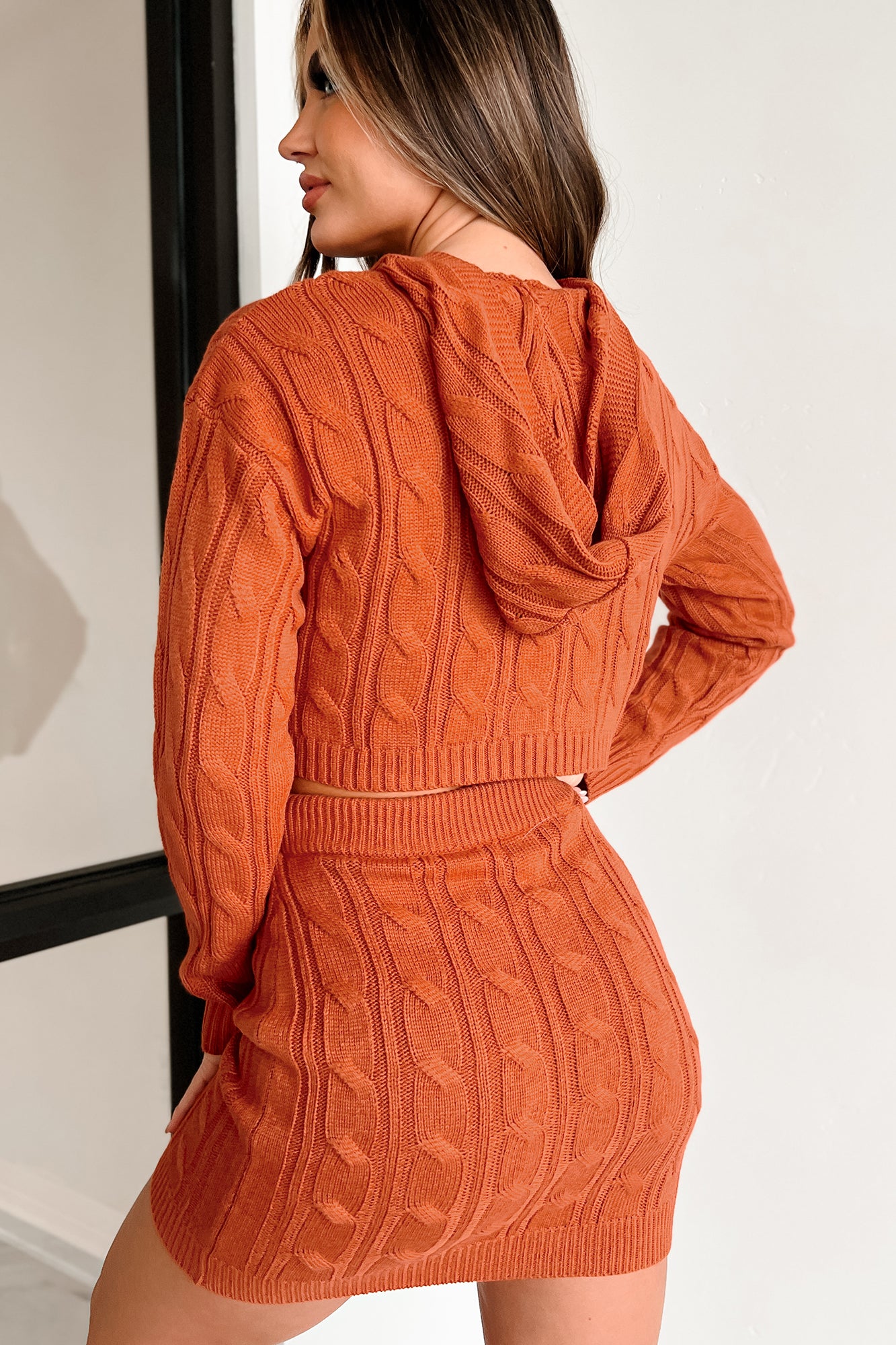 Playing It Cozy Cable Knit Two-Piece Skirt Set (Rust) - NanaMacs