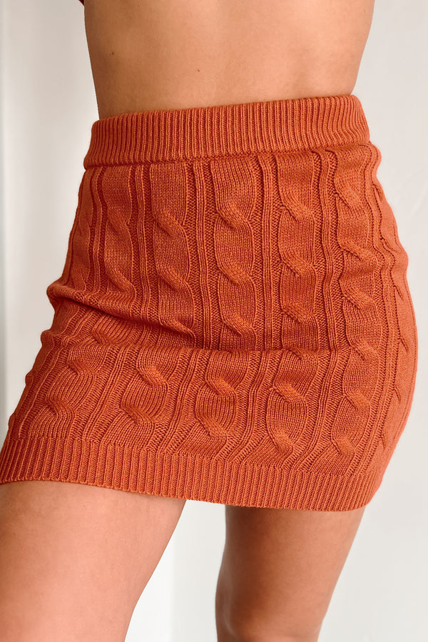 Playing It Cozy Cable Knit Two-Piece Skirt Set (Rust) - NanaMacs