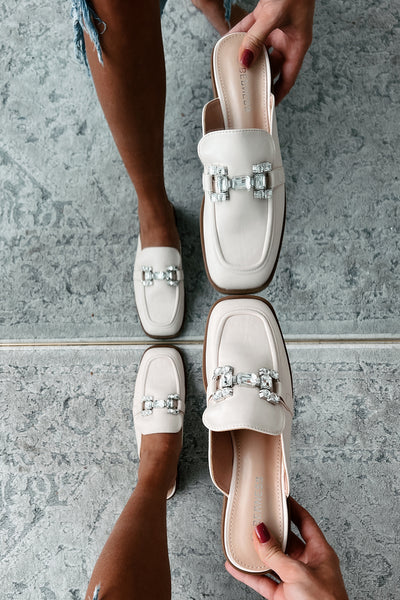 Subtly Iconic Square Toe Rhinestone Mules (Beige) - NanaMacs