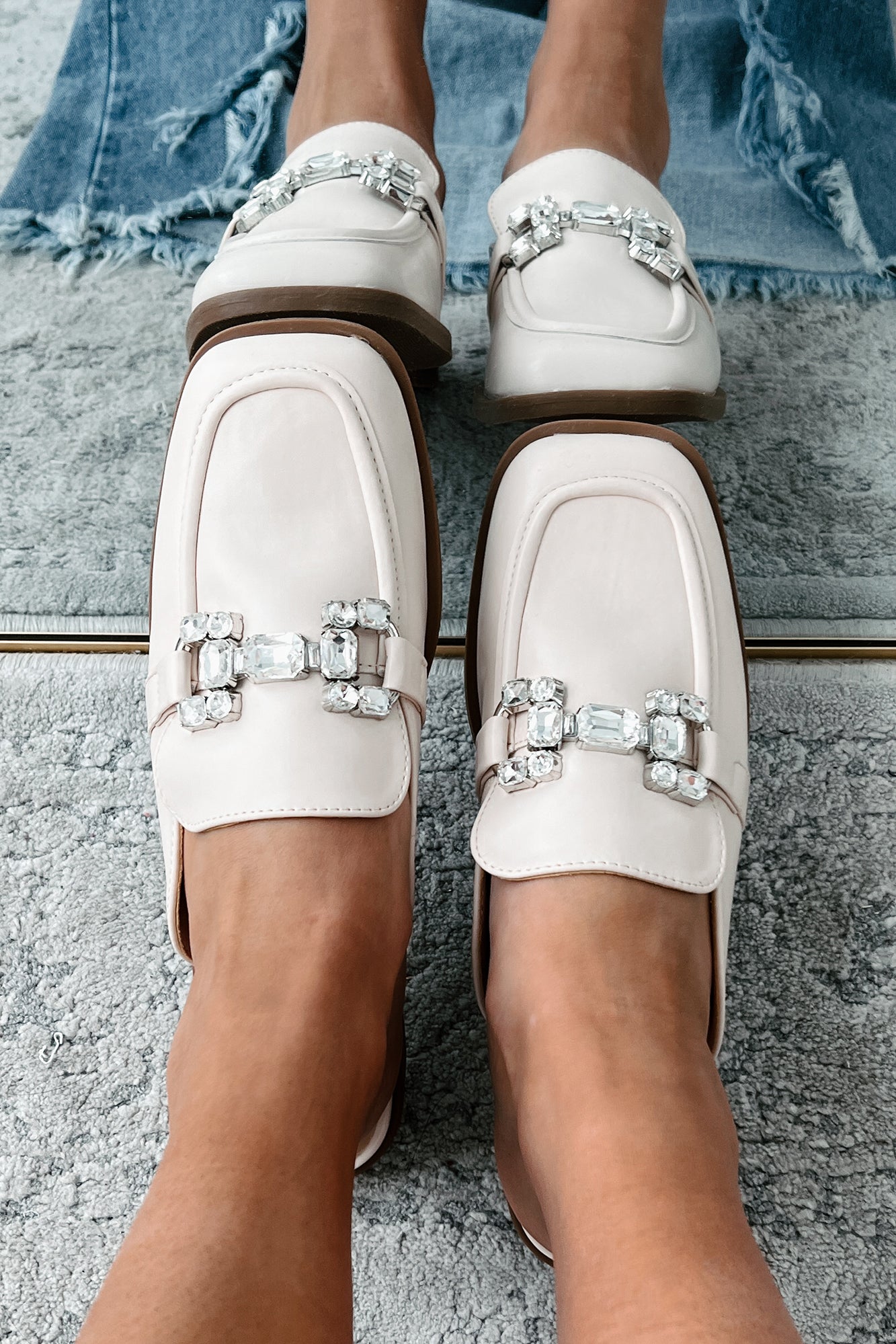 Subtly Iconic Square Toe Rhinestone Mules (Beige) - NanaMacs