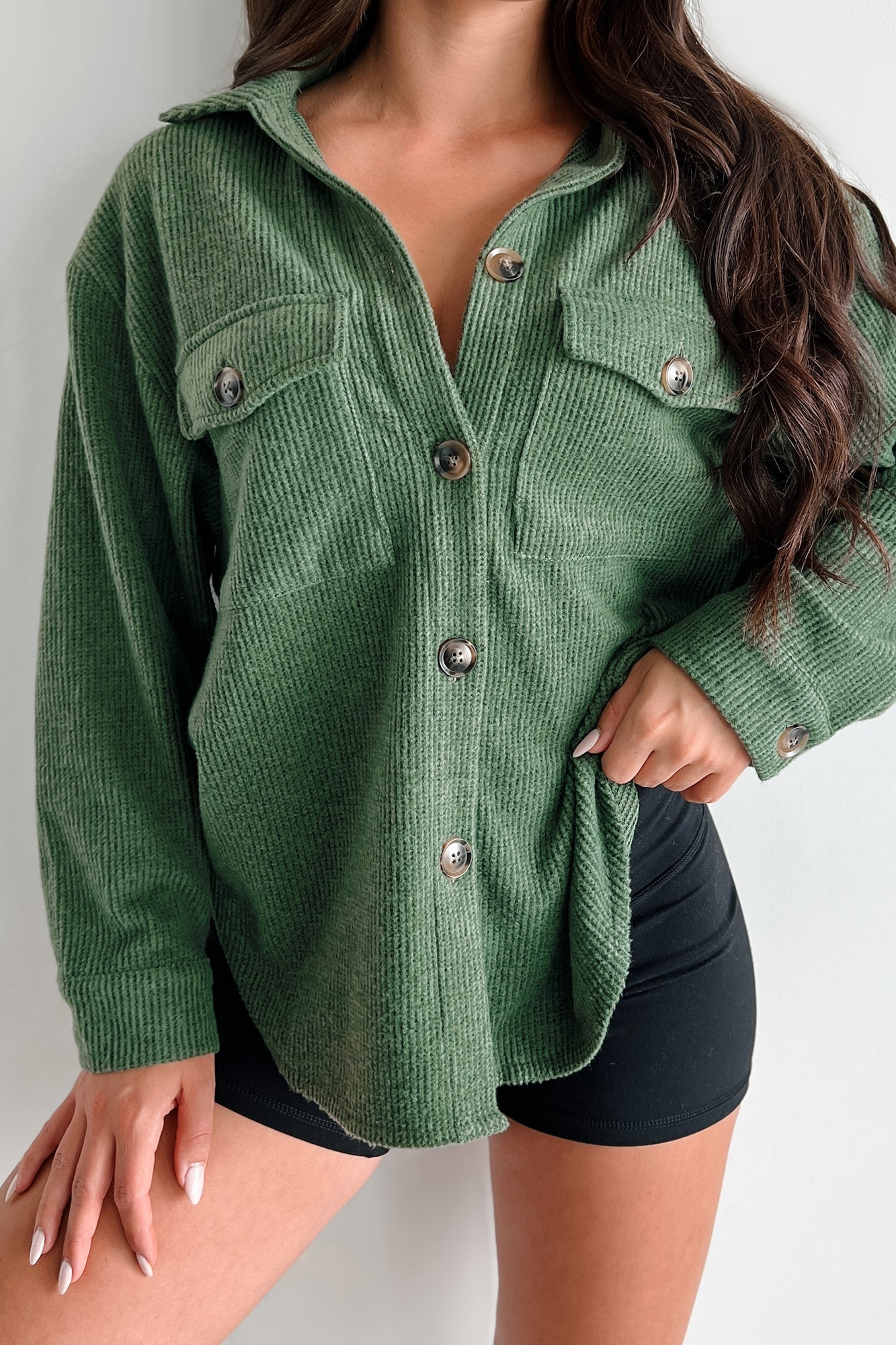 Ryland Brushed Waffle Knit Shacket (Forest Green) - NanaMacs