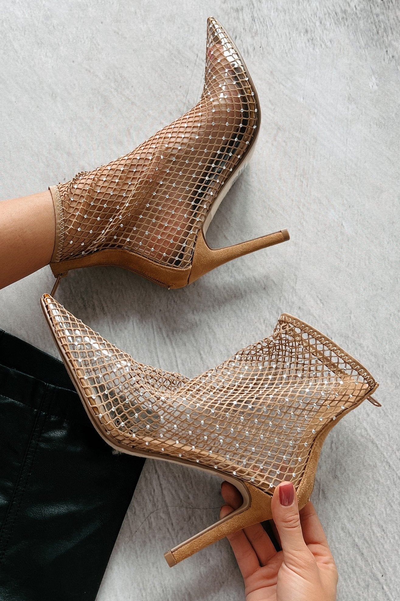 Call Me Dramatic Rhinestone Fishnet Ankle Booties (Light Blonde Mesh) - NanaMacs