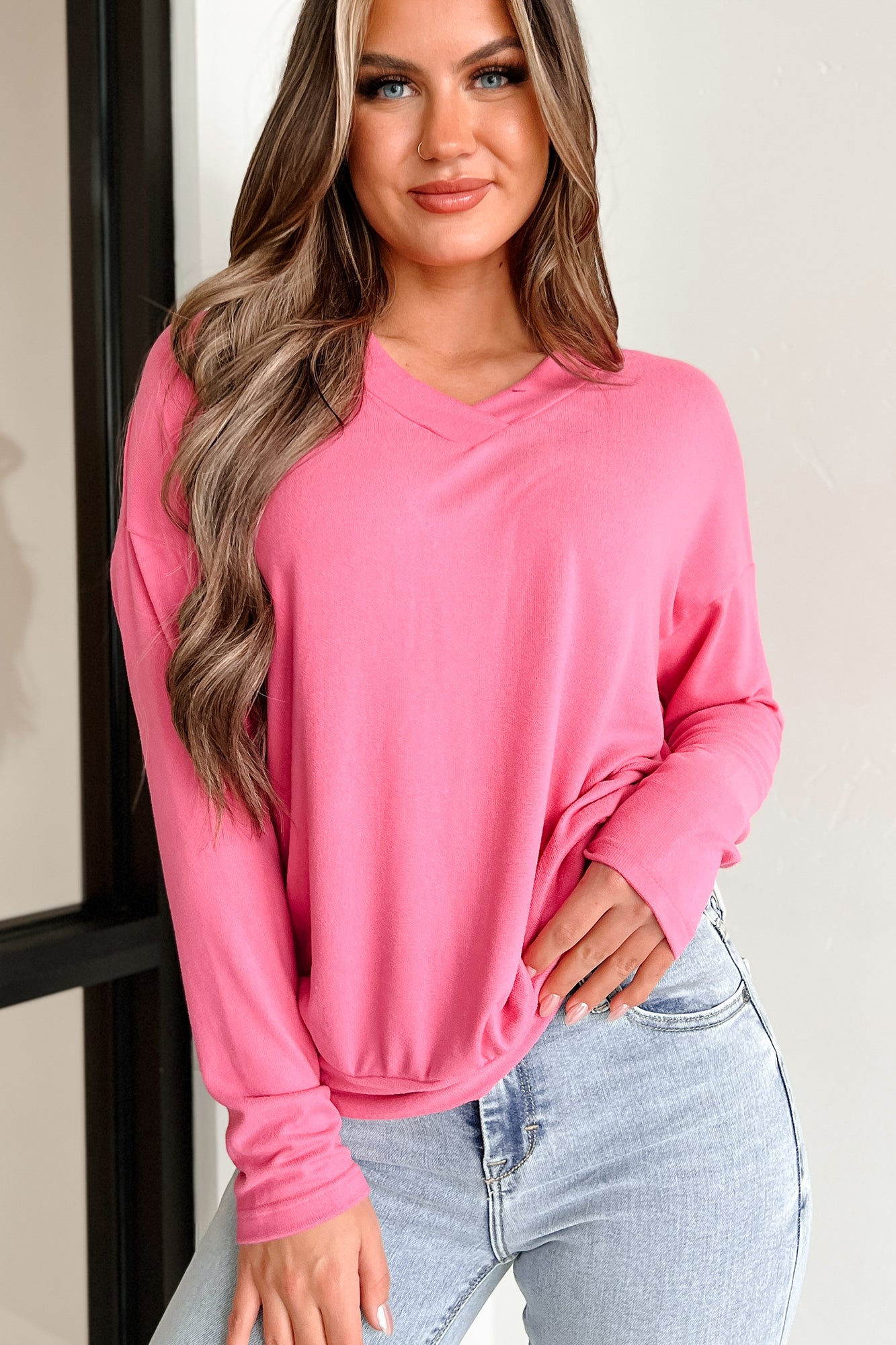 It Just Makes Sense Long Sleeve V-Neck Top (Fuchsia) - NanaMacs