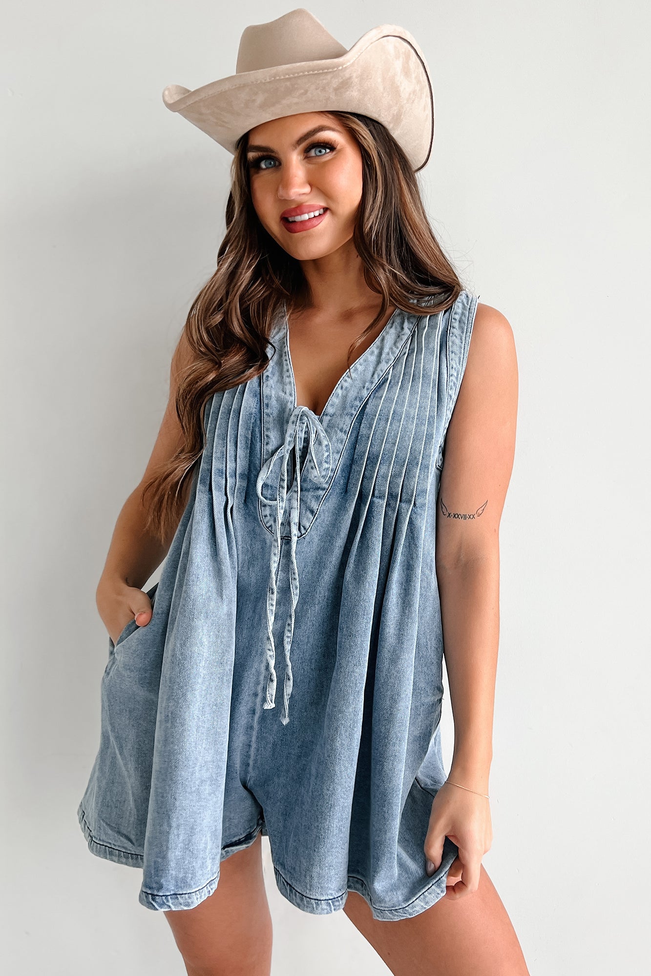 Summer Breeze Pleated Denim Romper (Denim) - NanaMacs