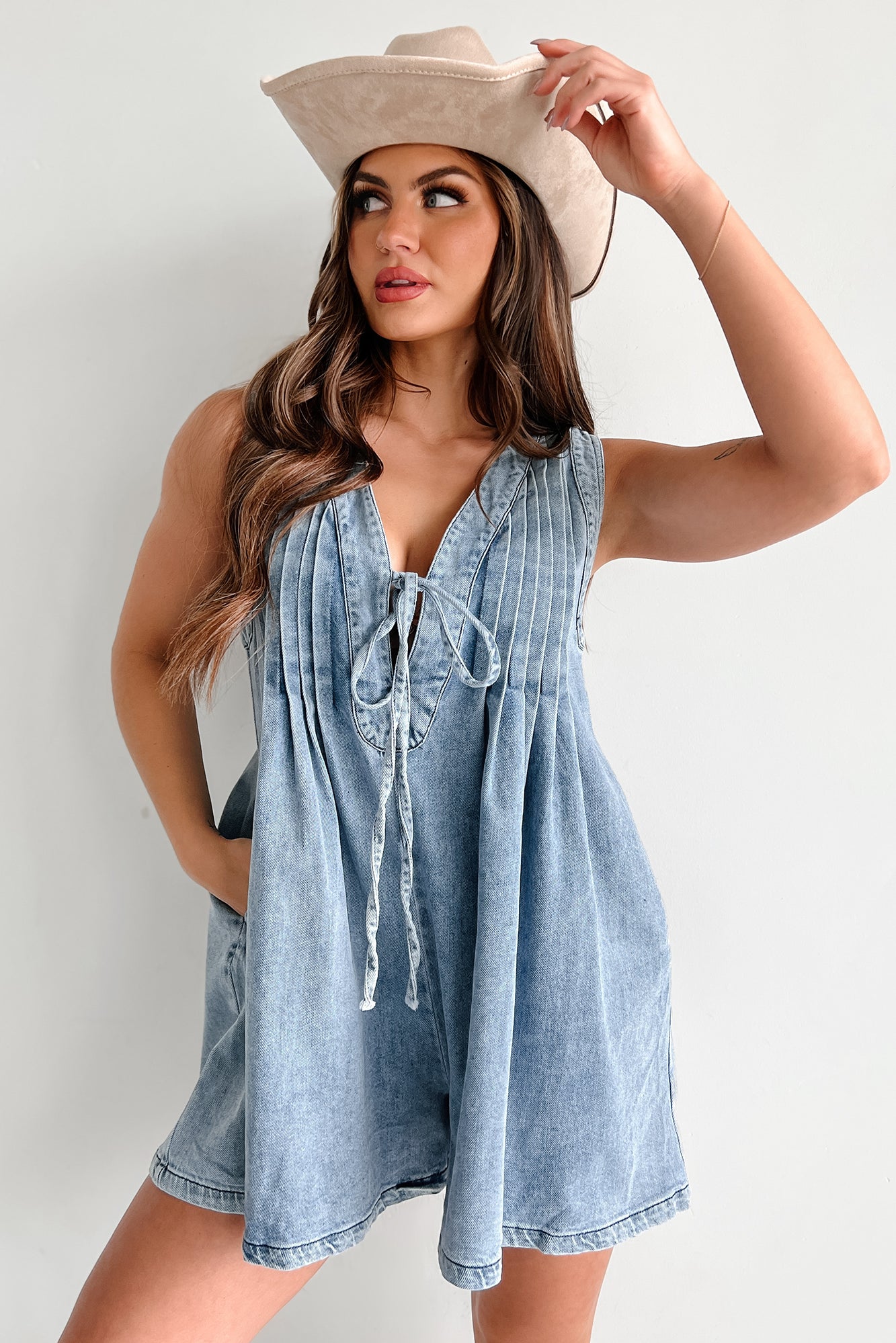 Summer Breeze Pleated Denim Romper (Denim) - NanaMacs