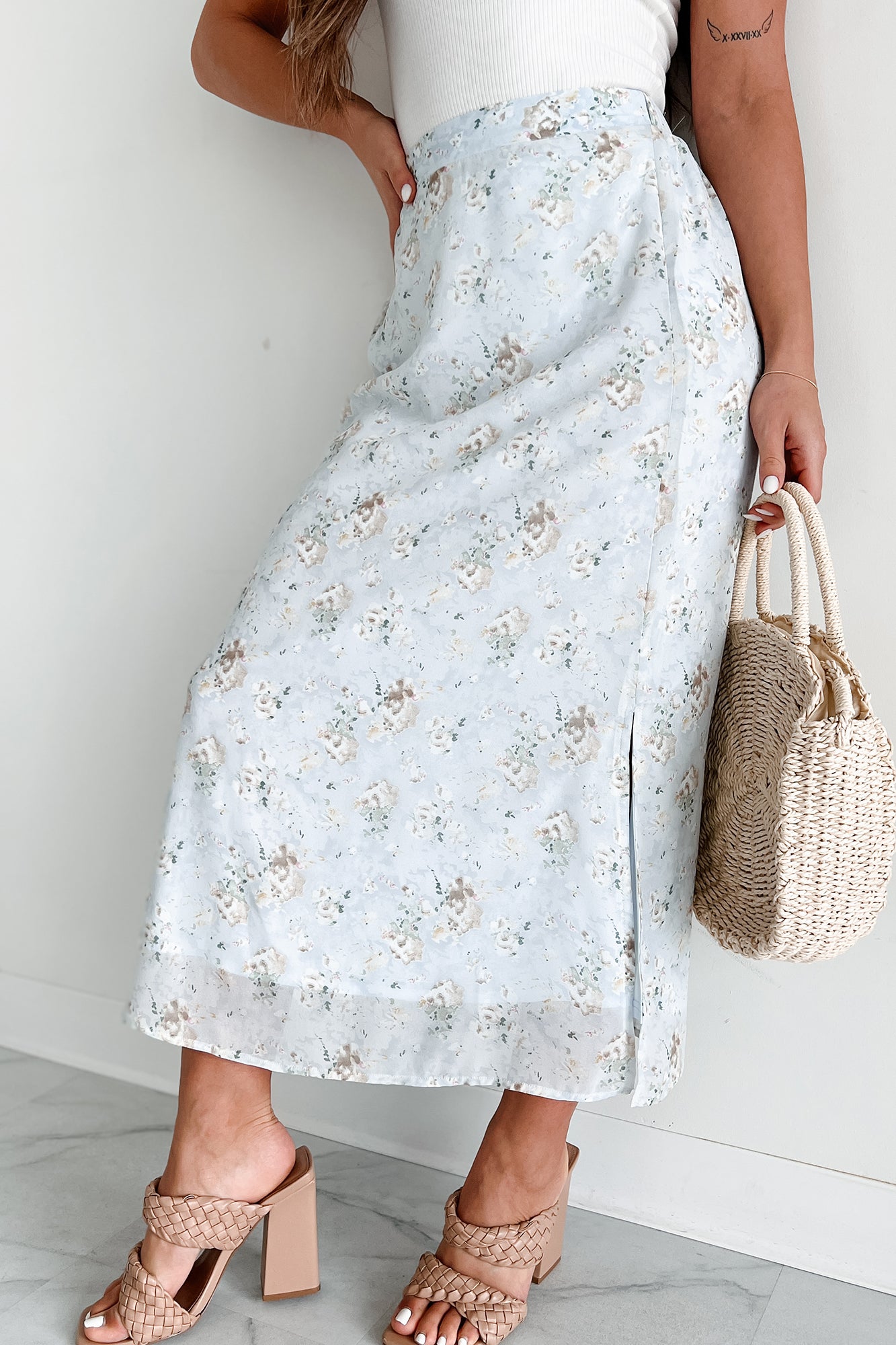 Garden Heart Floral Maxi Skirt (Powder Blue) - NanaMacs