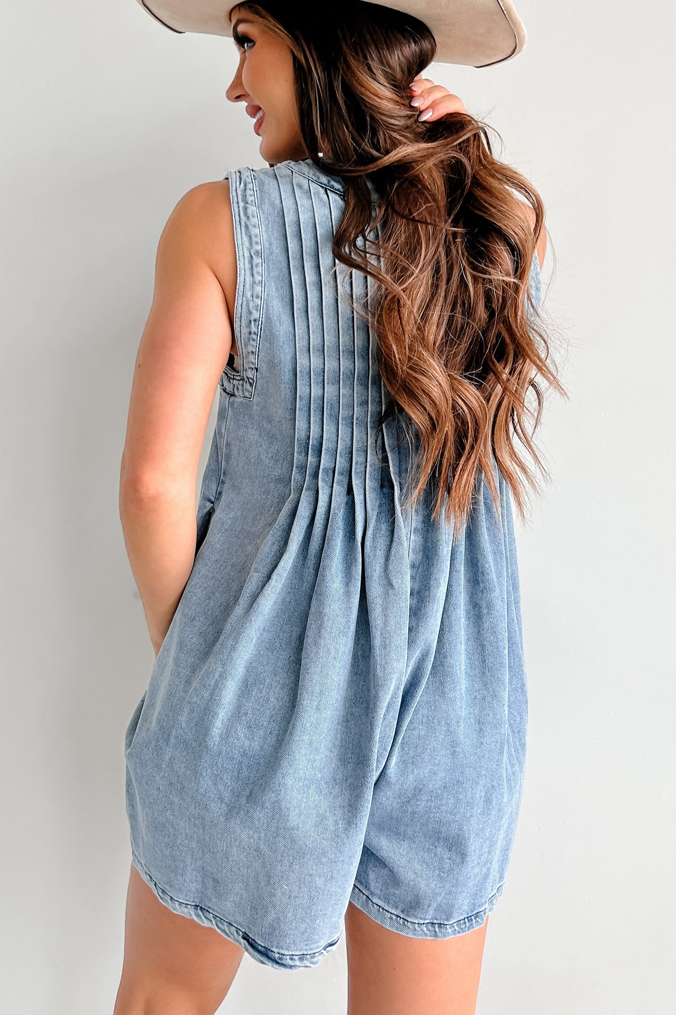 Summer Breeze Pleated Denim Romper (Denim) - NanaMacs