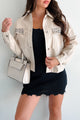 Diva Deluxe Rhinestone Pocket Faux Leather Jacket (Taupe) - NanaMacs