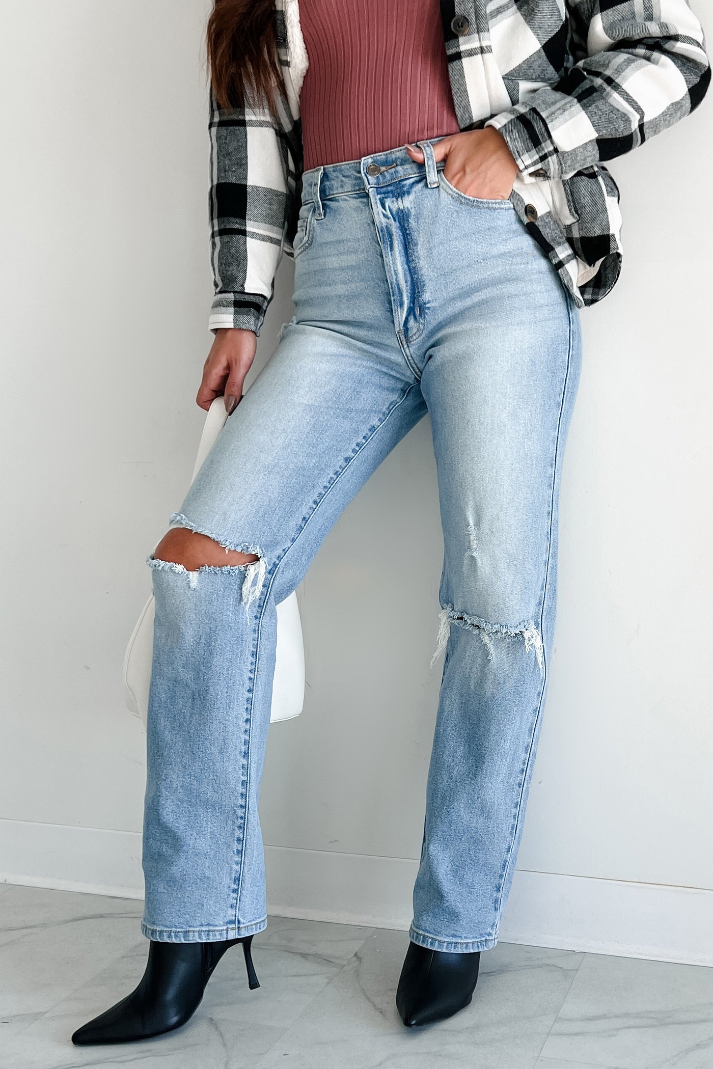 Monty High Rise Distressed Cello Dad Jeans (Light Denim) - NanaMacs