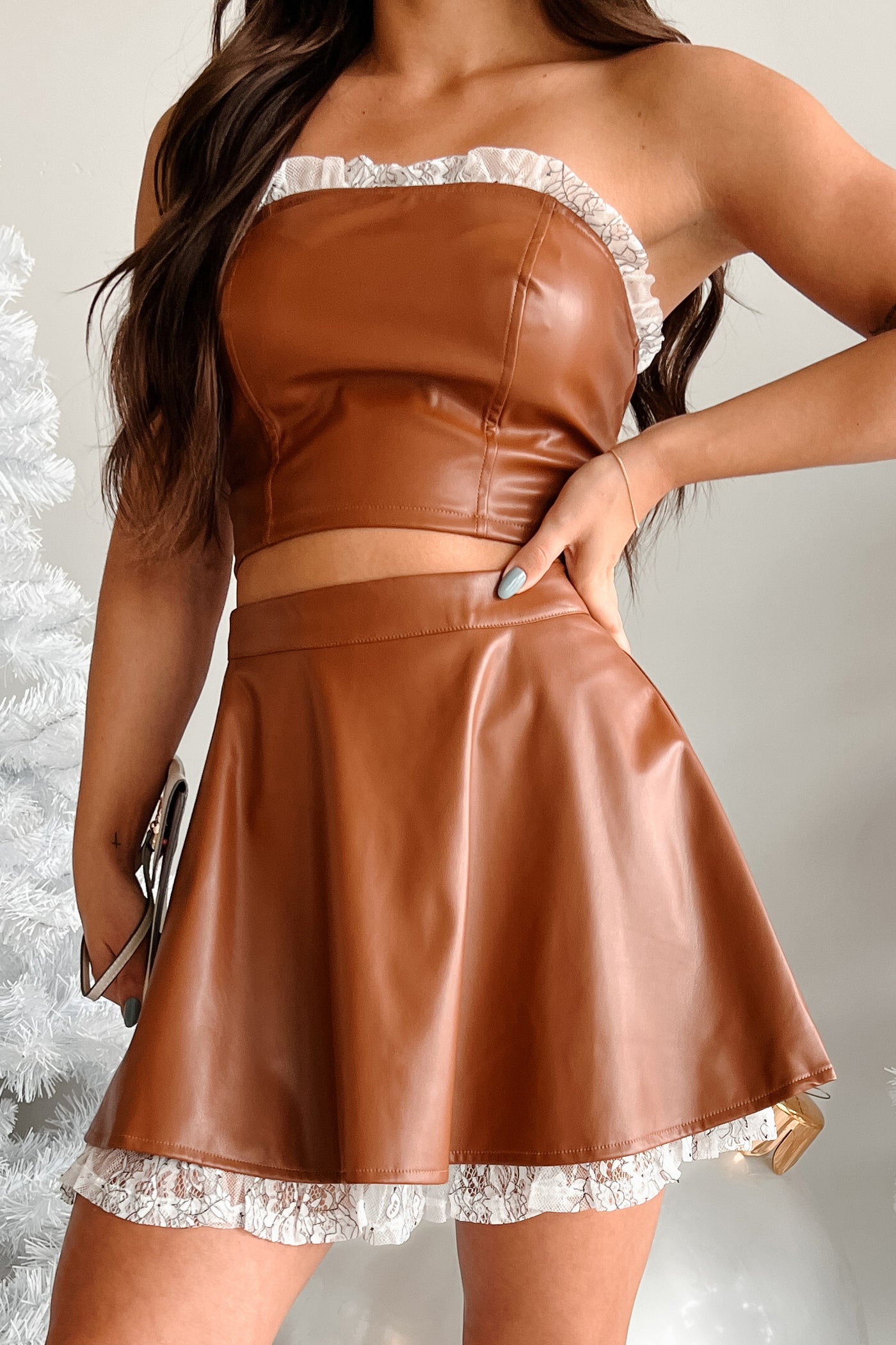 DOORBUSTER Always Flirty Ruffle Lace Faux Leather Skirt (Brown) - NanaMacs