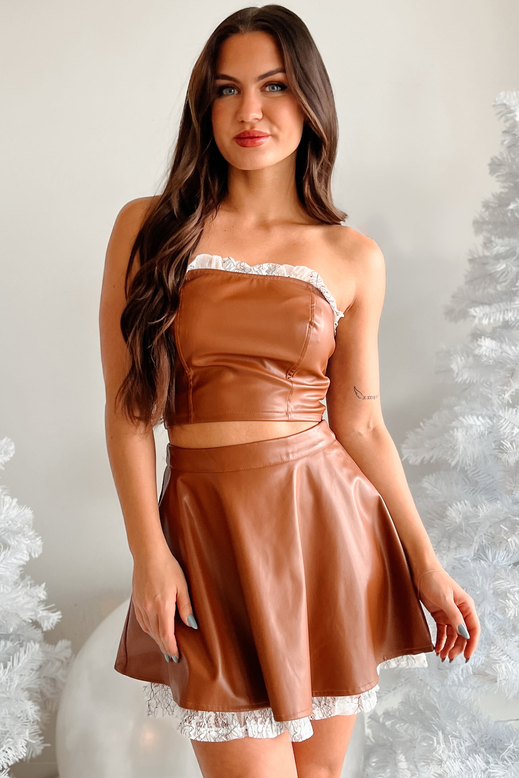 DOORBUSTER Flirty Tendencies Ruffle Lace Faux Leather Tube Top (Brown) - NanaMacs