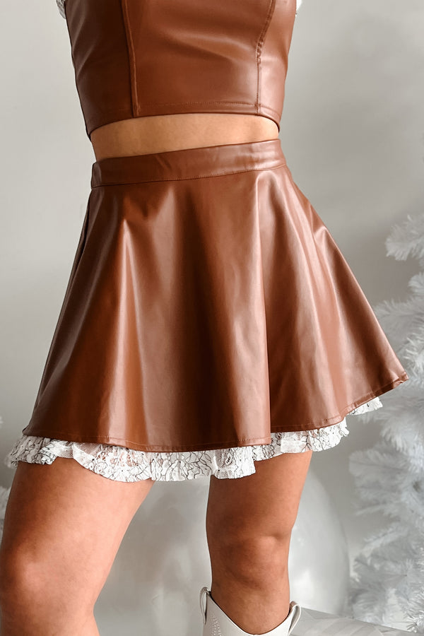 DOORBUSTER Always Flirty Ruffle Lace Faux Leather Skirt (Brown) - NanaMacs