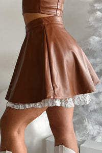 DOORBUSTER Always Flirty Ruffle Lace Faux Leather Skirt (Brown) - NanaMacs