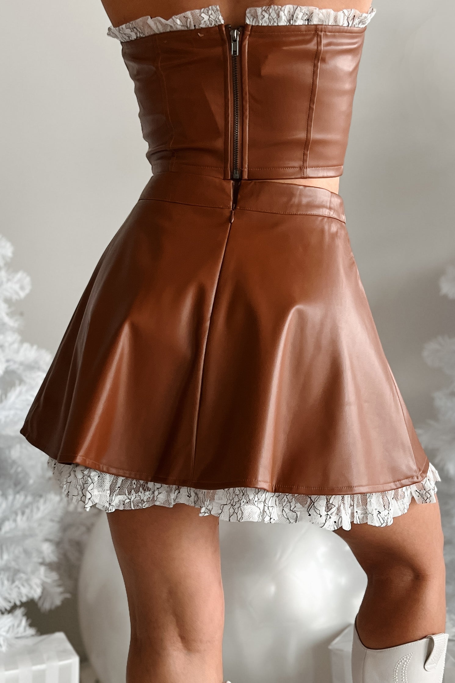 DOORBUSTER Always Flirty Ruffle Lace Faux Leather Skirt (Brown) - NanaMacs