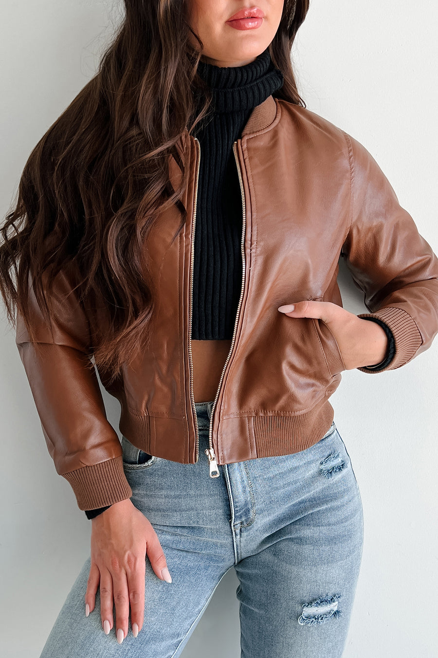 Rebel With A Cause Faux Leather Bomber Jacket (Brown) - NanaMacs